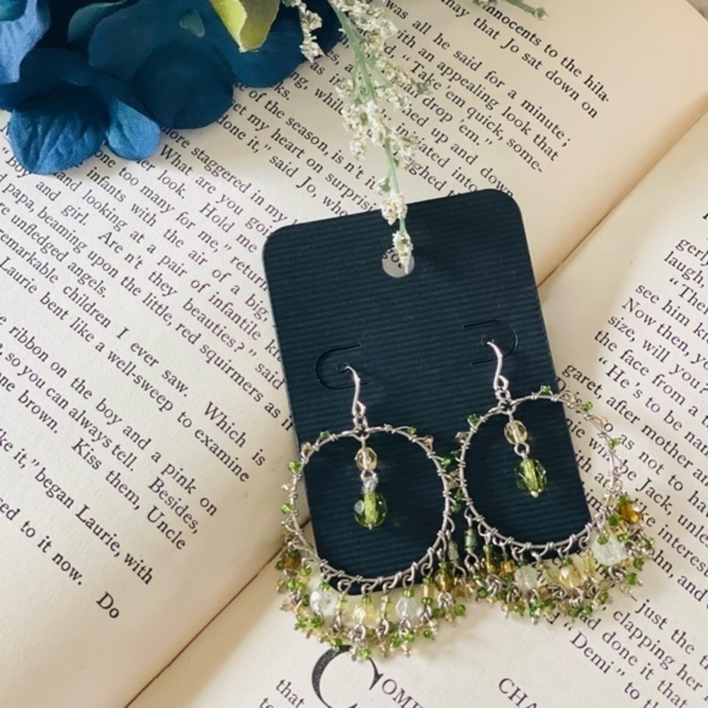 Peridot & Citrine Hollow Out Round Beaded Fringe Drop Dangle Earrings
